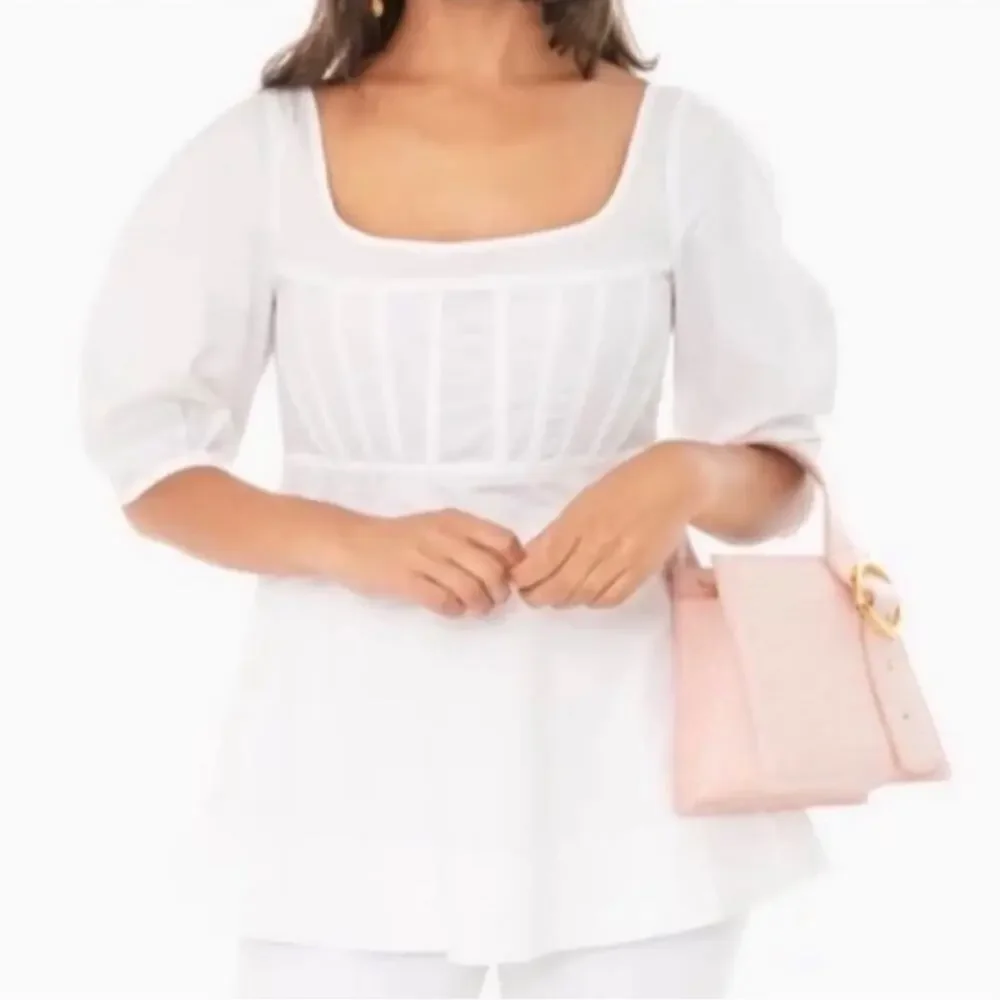 Tuckernuck White Nealy Scoop Neck Puff Sleeve Corset Peplum‎ Blouse Sz XS Preppy